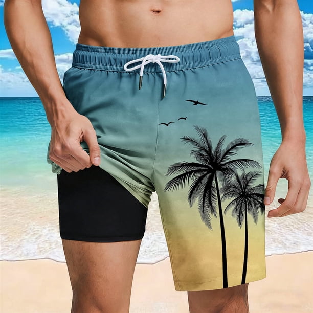 Ceisia Men's Palm Tree Print Loose Fit Quick Dry Beach Shorts with Inner Lining Yellow L Gifts
