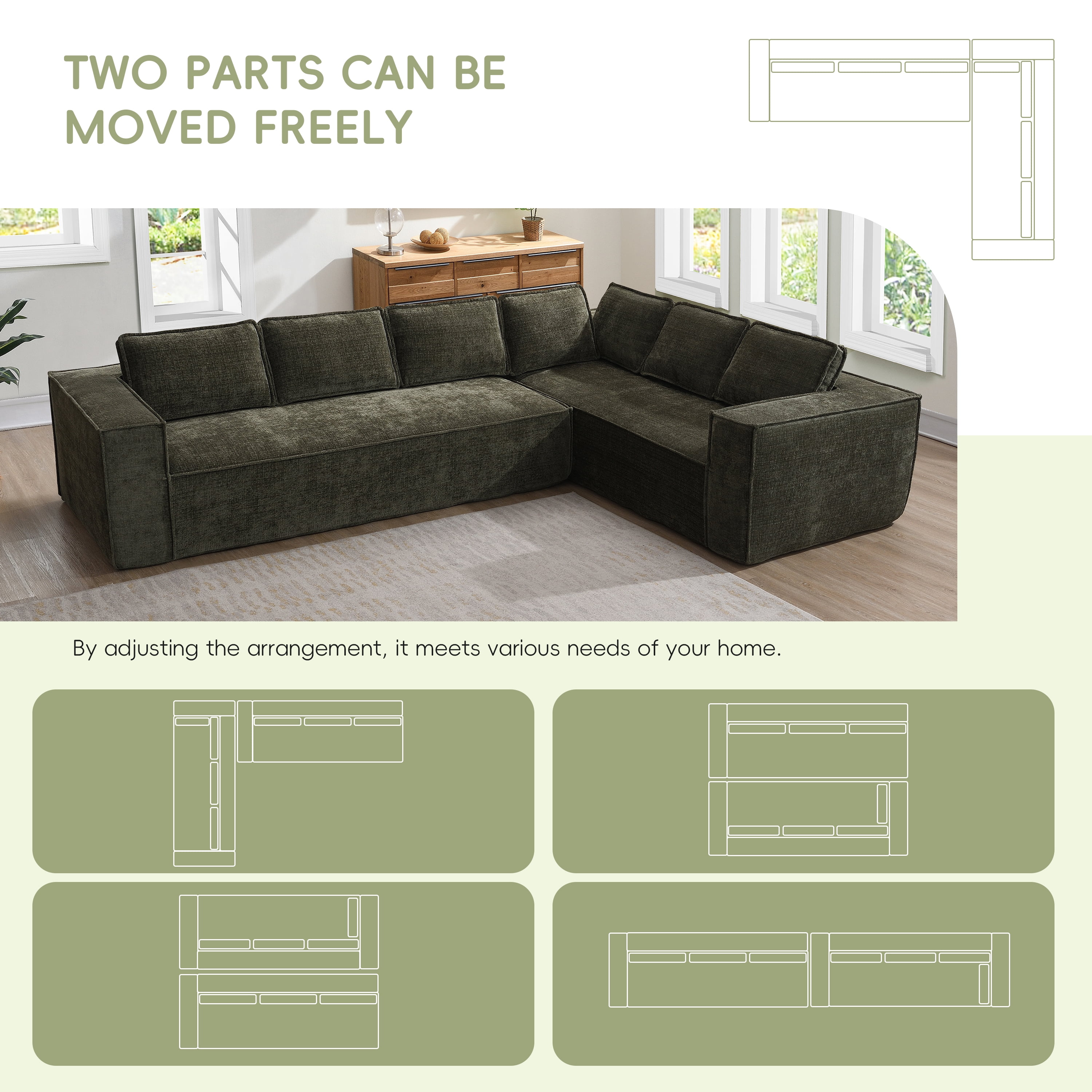 Sectional Sofa, Modular Couch, L-Shaped Fully Compressed No Frame, Ultra-Thick Wrinkle-Resistant Chenille Fabric with Pocket Spring Seat for Living Room, 129.5 Inch, Green