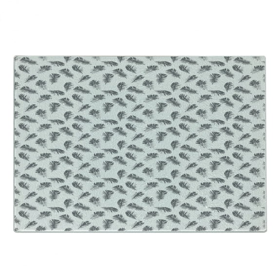 Feather Cutting Board, Monochromatic Fluffy Flying Antique Plumage Abstract Repetition, Decorative Tempered Glass Cutting and Serving Board, in 3 Sizes, by Ambesonne