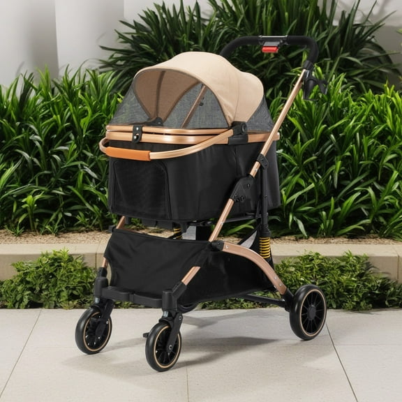 Pefilos 4 Wheels Pet Stroller Folding Lightweight Dog Stroller with Detachable Carrier & Storage Basket, Dog Cat Travel Stroller for Puppies, Doggies, Kitties, Black