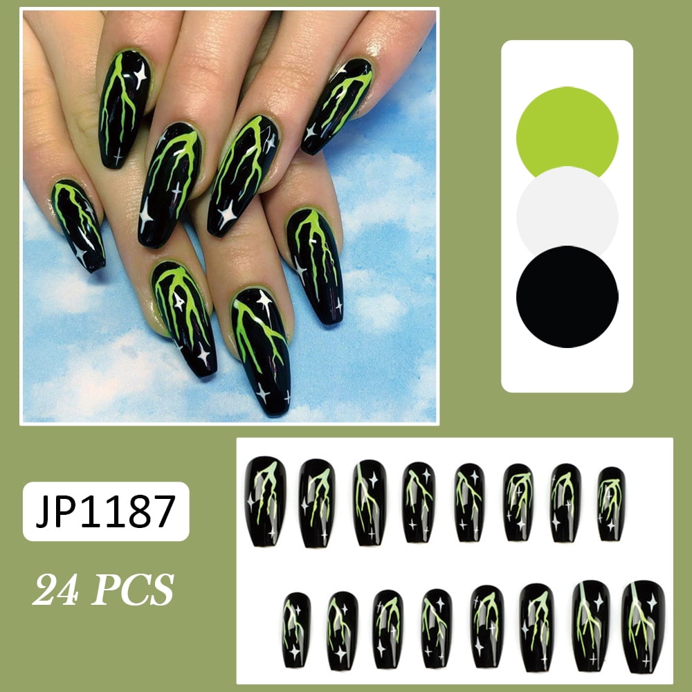 24Pcs Black Base False Nails Green Lightning Fake Nails for Women and