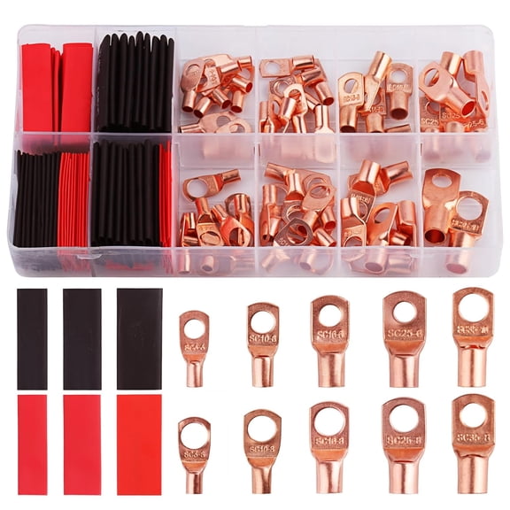 Monebena Battery Cable Ends, 150pcs Copper Cable Wire Lugs, AWG 2 4 6 8 10 12 Gauge Wire Connectors, Copper Battery Terminal Connectors, Ring Terminals Connectors, Contain 80pcs Heat Shrink Tubing