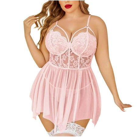 DISKEBUISS Women Lingerie Floral Lace Sexy Solid Color Sheer Plus Size Nightgown
