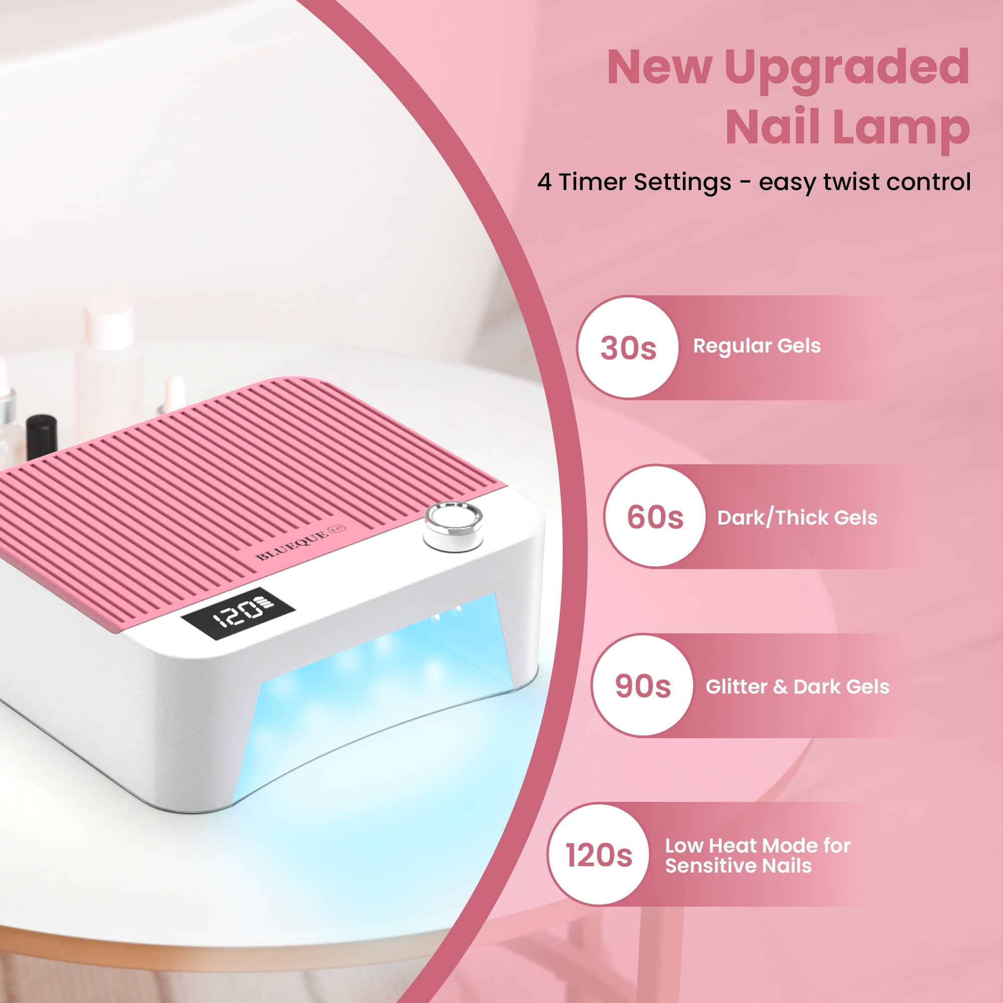 Cordless UV LED Nail Lamp, 60W Rechargeable Nail Dryer Gel Polish Light, Intelligent Auto Sensor LCD Display Nail Lamp  With 4 Timer Setting-Pink