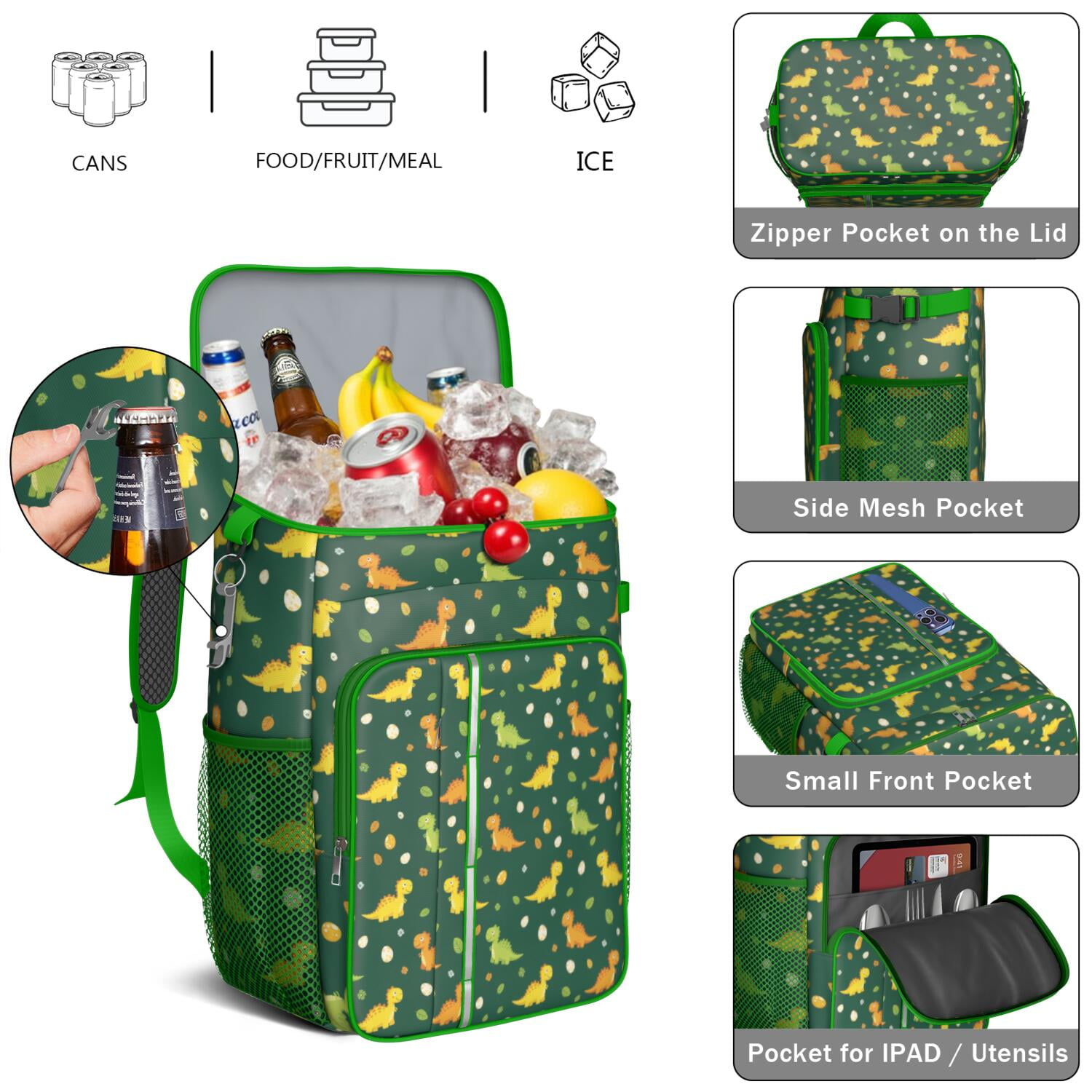 Travel Cooler Bag - Green Cartoon Dinosaurs Eggs Pattern Camping Beer Cooler Backpack with Bottle Opener- Waterproof Insulated Picnic Backpacks - Cooler Bag for Beach