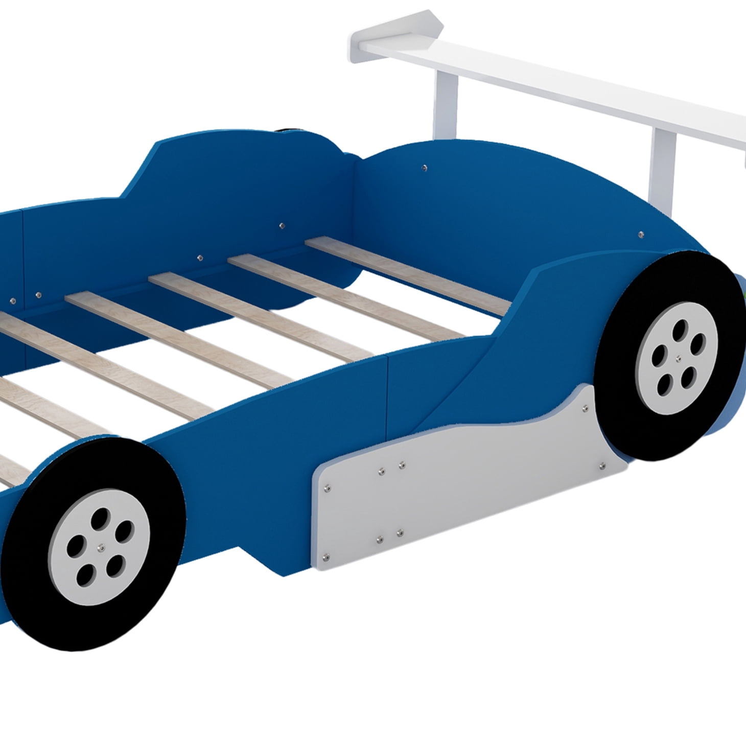 Full Size Race Car-Shaped Platform Bed, Full Bed Frame with Wheels, Full Car Bed with Slat Support for Kids, Child's Bedroom, Blue
