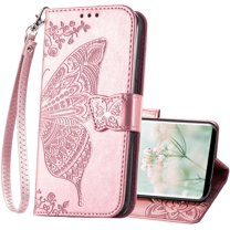 Designed for Samsung Galaxy S9 Phone Case Wallet,Butterfly Embossed PU Leather Flip Folio Cover Credit Card Holder Slots Stand with Wrist Strap Phone Case for Samsung S9 5.8 Inch (Rose Gold)