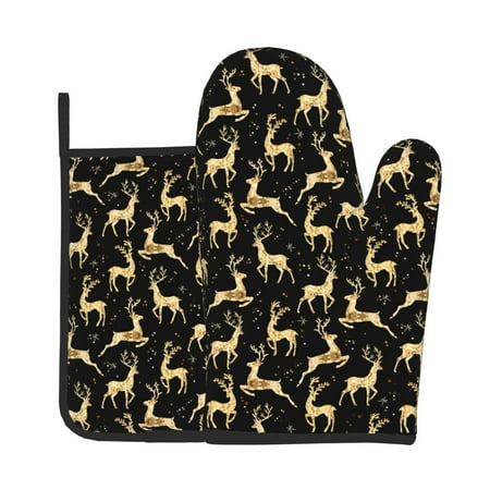 

Gaeub Elegant Gold Moose Print Oven Mitts and Pot Holders Sets of 2 Heat Resistant Pad Cooking Gloves for Baking BBQ Home Decor