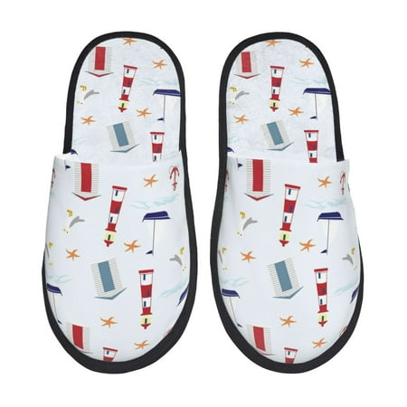 Balery Nautical Lighthouse Sailboat Slient Indoor Furry Fleece Comfort House Shoes Soft Non-Slip Home Shoes Cotton slippers House Slippers-- Medium