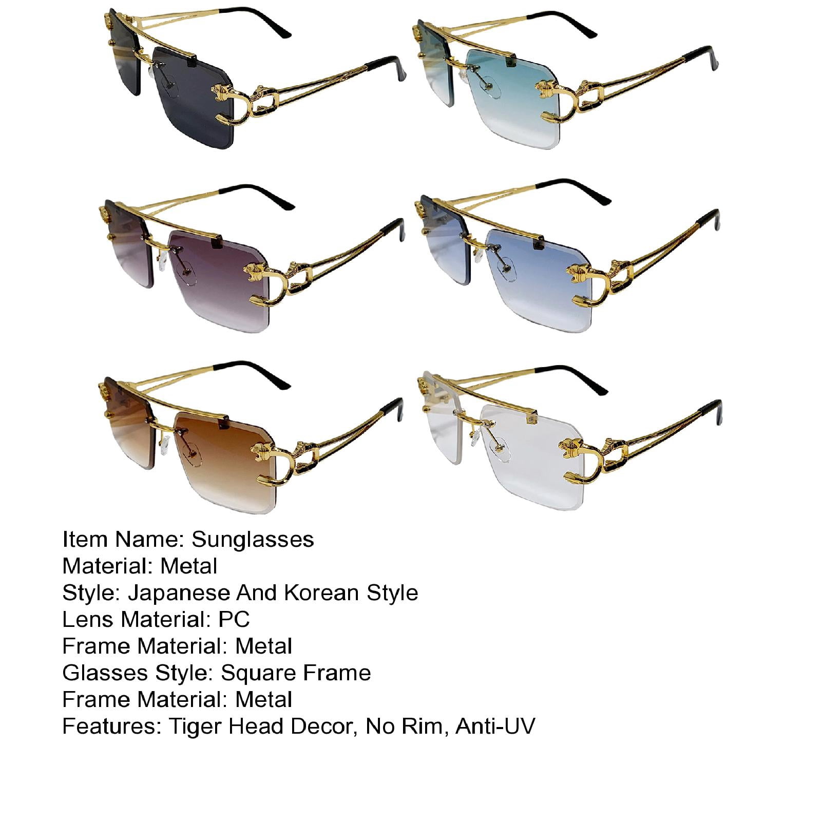 ievspot 6 Pairs Unisex Sunglasses Rectangle Shape Frame Tiger Head Decor Block Sunlight Vacation Beach Spectacles Outdoor Eyewear