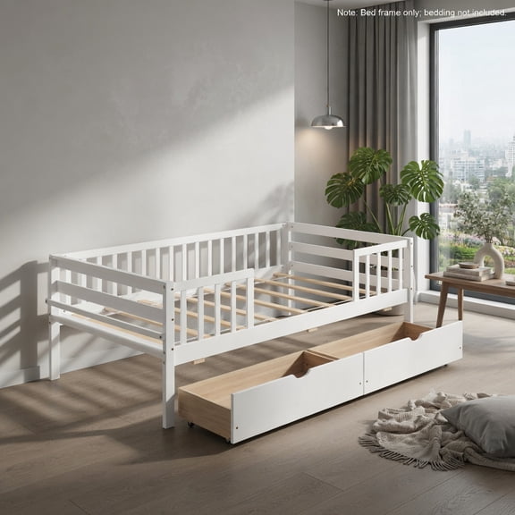 Demi Bonn Twin Daybed with Fence and 2 Drawers, Modern Wooden Bed Frame for Teens, White