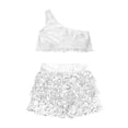 thumbnail image 6 of Kids Girls 2 Piece Dance Outfits Sets Sequin One Shoulder Crop Top with Skirt Jazz Latin Ballroom Costume White 4-5Years, 6 of 6