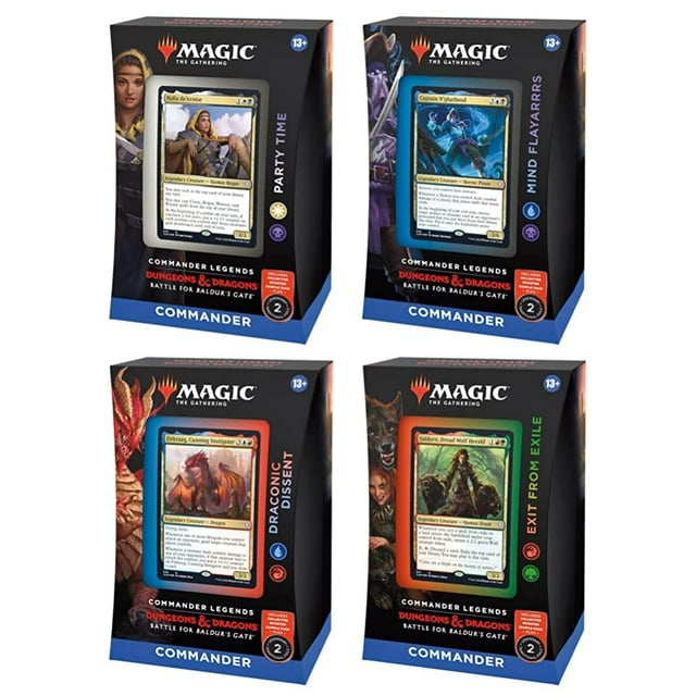 Magic: The Gathering Commander Legends: Battle for Baldur's Gate Ensemble de 4 Decks Commander – Comprend 1 Party Time, 1 Mind Flayarrrs, 1 Draconic Dissent, 1 Exit from Exile
