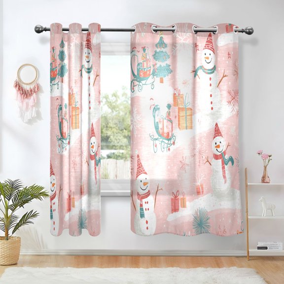 Yayeee Window Curtains Light Filtering 63"x42" Grommet Panel Pair Home Living Room Decor, Pink Christmas Snowman