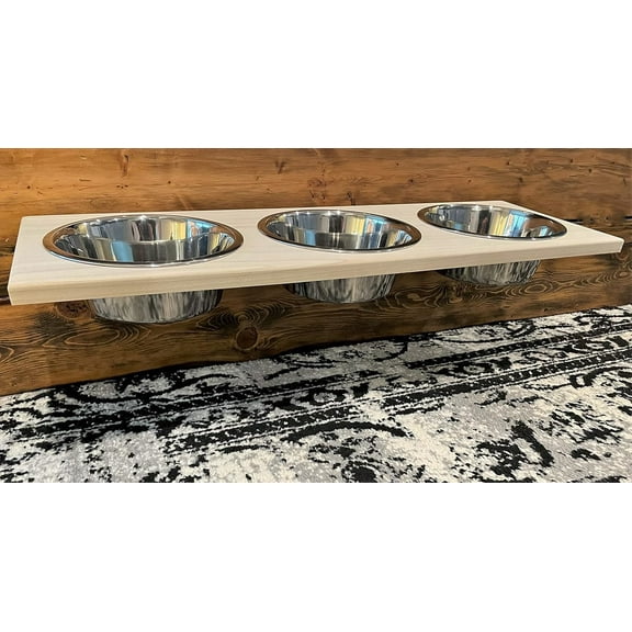 Chic, Floating, Wood, Height-Flexible Wall Mount Dog/Cat/Pet Food & Water Bowl Holder/Feeder with 3 S.S. Dishwasher-Safe Bowls (~ 2 Quart / 64 oz / 1890 ml) for Large Pets. 3-Screw Installation.