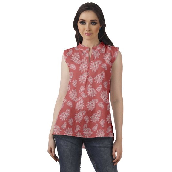 Moomaya Printed Mandarin Collar Tunic Sleeveless Casual Tank Top Summer Wear