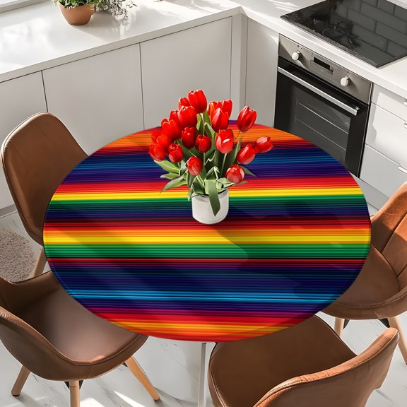 Abstract Striped Elastic Fitted Round Tablecloth Colored Art Waterproof Outdoor Table Cover for Holiday Party, Picnic, Patio & Dining Fits Tables Up to 45"-54"