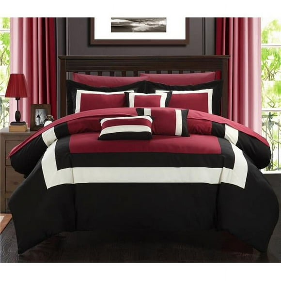 Chic Home CS1455-US Duke Pieced Color Block Bed in a Bag Comforter Set with Sheets - Red - King - 10 Piece