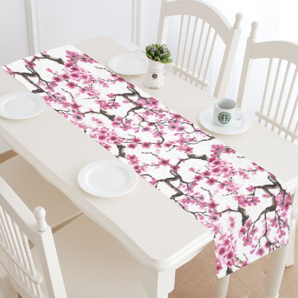 AUUXVA 13x90 inches Long Table Runner Japanese Skura Cherry Blossom Decorative Polyester Table Runners Tablelcoth for Home Coffee Kitchen Dining Table Party Banquet Holiday Decoration
