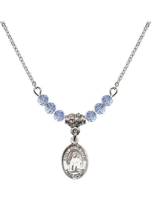 Bonyak Jewelry 18 Inch Rhodium Plated Necklace w/ 4mm Light Blue September Birth Month Stone Beads and Saint Edith Stein Charm