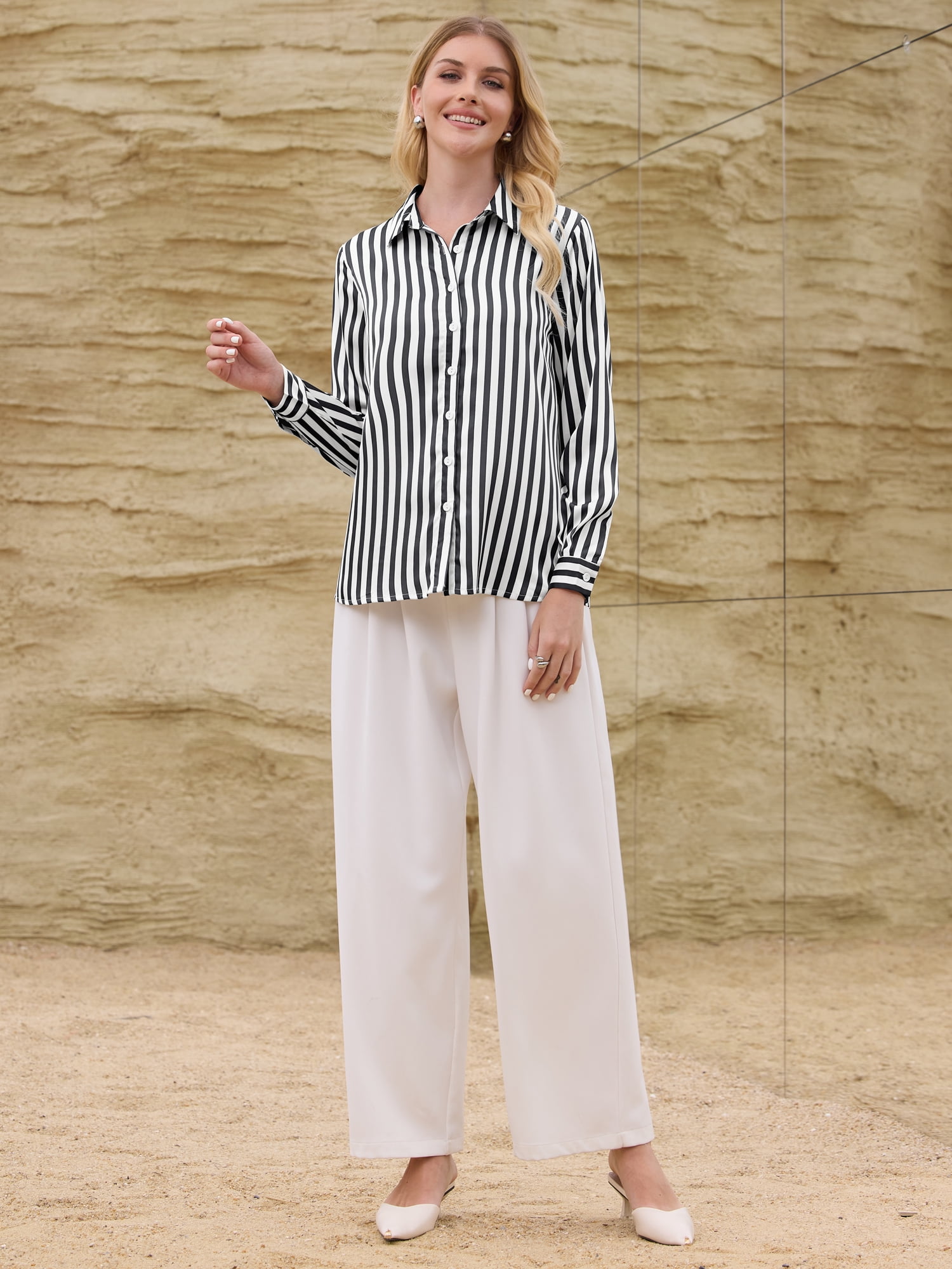 DARING DIVA Women's Satin Striped Shirt Long Sleeve Office Blouse 2XL Black White