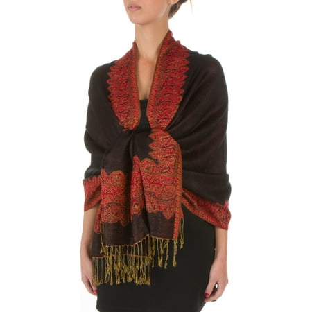 Layer Scarf - Sakkas Border Pattern Layered Reversible Woven Pashmina Shawl Scarf Wrap Stole - Black Red - One Size
