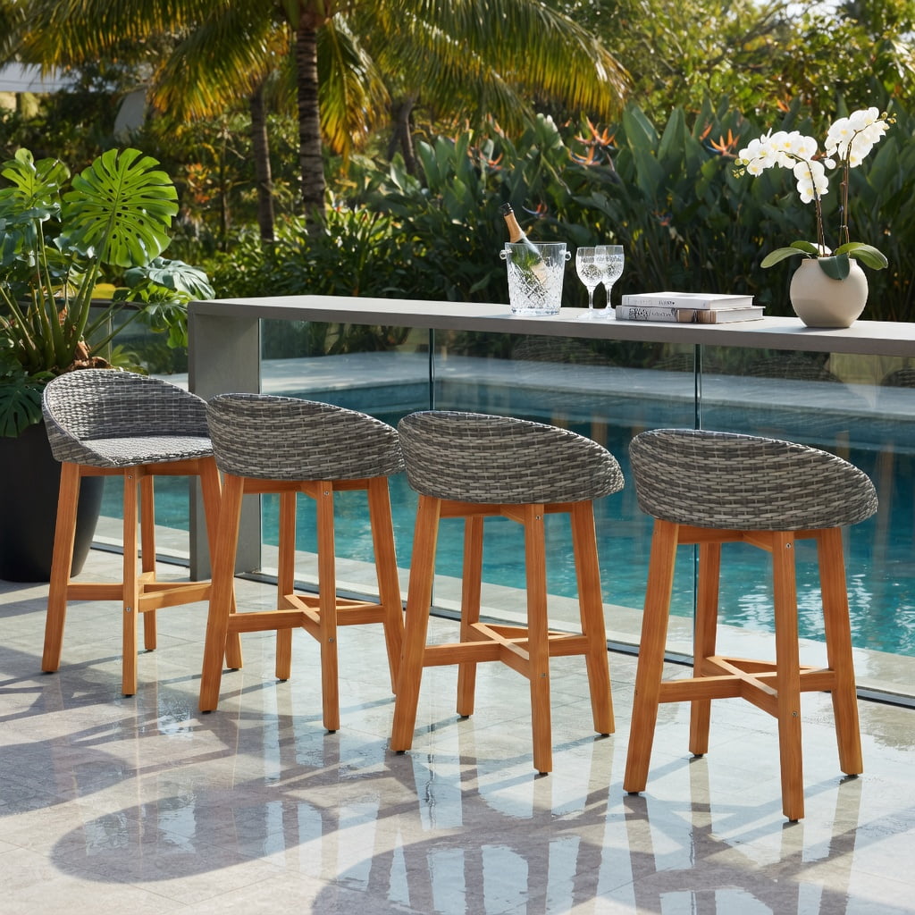 Hommoo 2-Piece Outdoor Bar Stool Set, PE Rattan & Solid Acacia Wood, Ergonomic Backrest, Footrest, Weather-Resistant, Natural