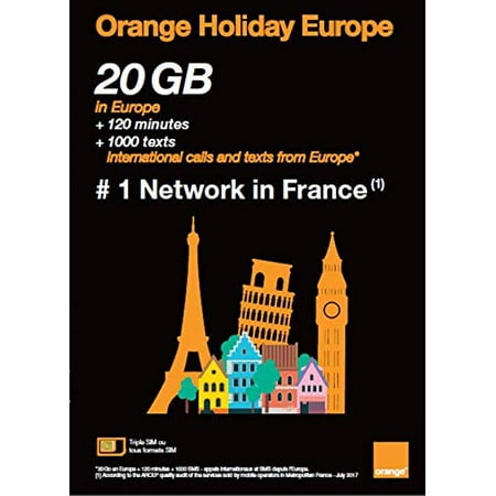 Orange Holiday Europe Prepaid SIM Card 20GB Internet Data in 4G/LTE Data Tethering Allowed +120 MM =1000 Texts in 30 Countries in Europe (2 Pack of 20GB)