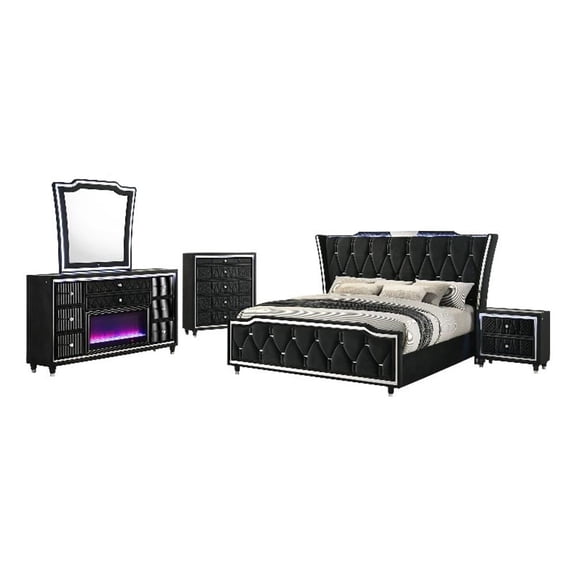 Coaster Lorient 5-Piece Velvet Queen Fireplace LED Bedroom Set in Black