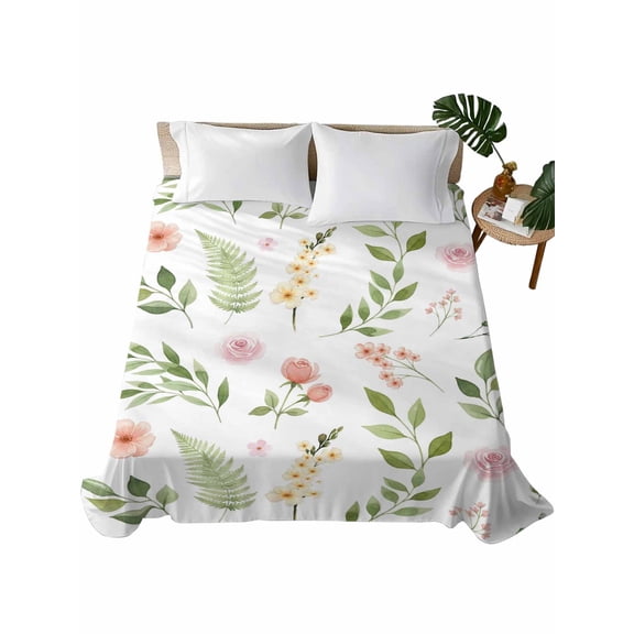 California King Flat Sheet 108"x98", Pink Green Botanical Soft Lightweight Bedding Flat Sheets Only, Spring Watercolor Floral Leaf Plant Brushed Microfiber Top Bed Sheet, Breathable Bedsheets