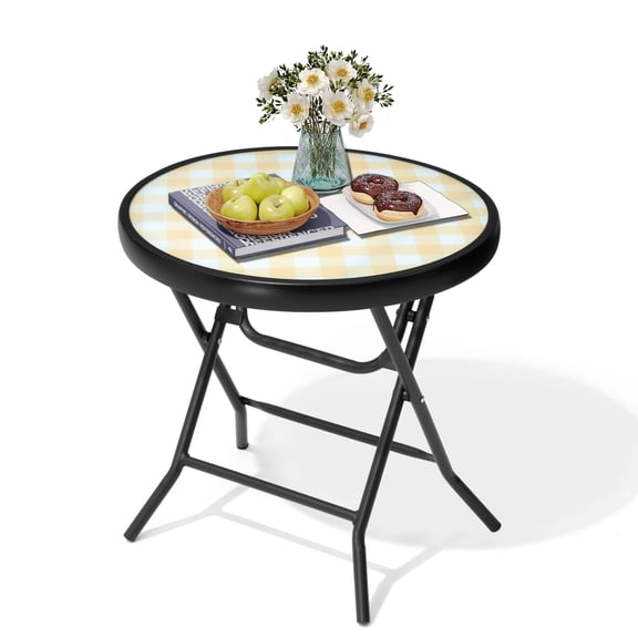 Crestlive Foldable Patio Side Table with Tempered Glass Top, 18" Small Outdoor End Table, Yellow