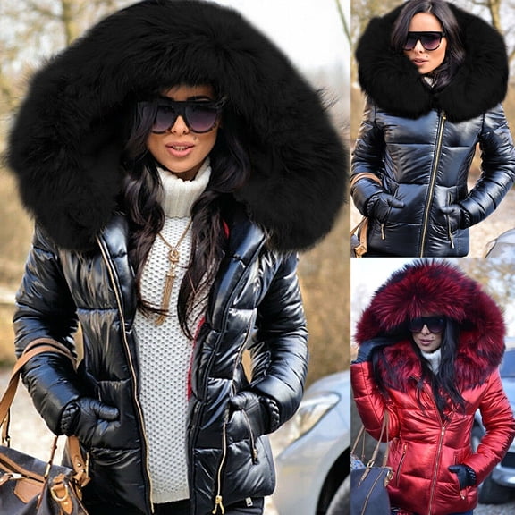 Joernso Women Autumn Winter Faux Fur Hood Zipper Warm Down Coat Outdoor Parka Outerwear