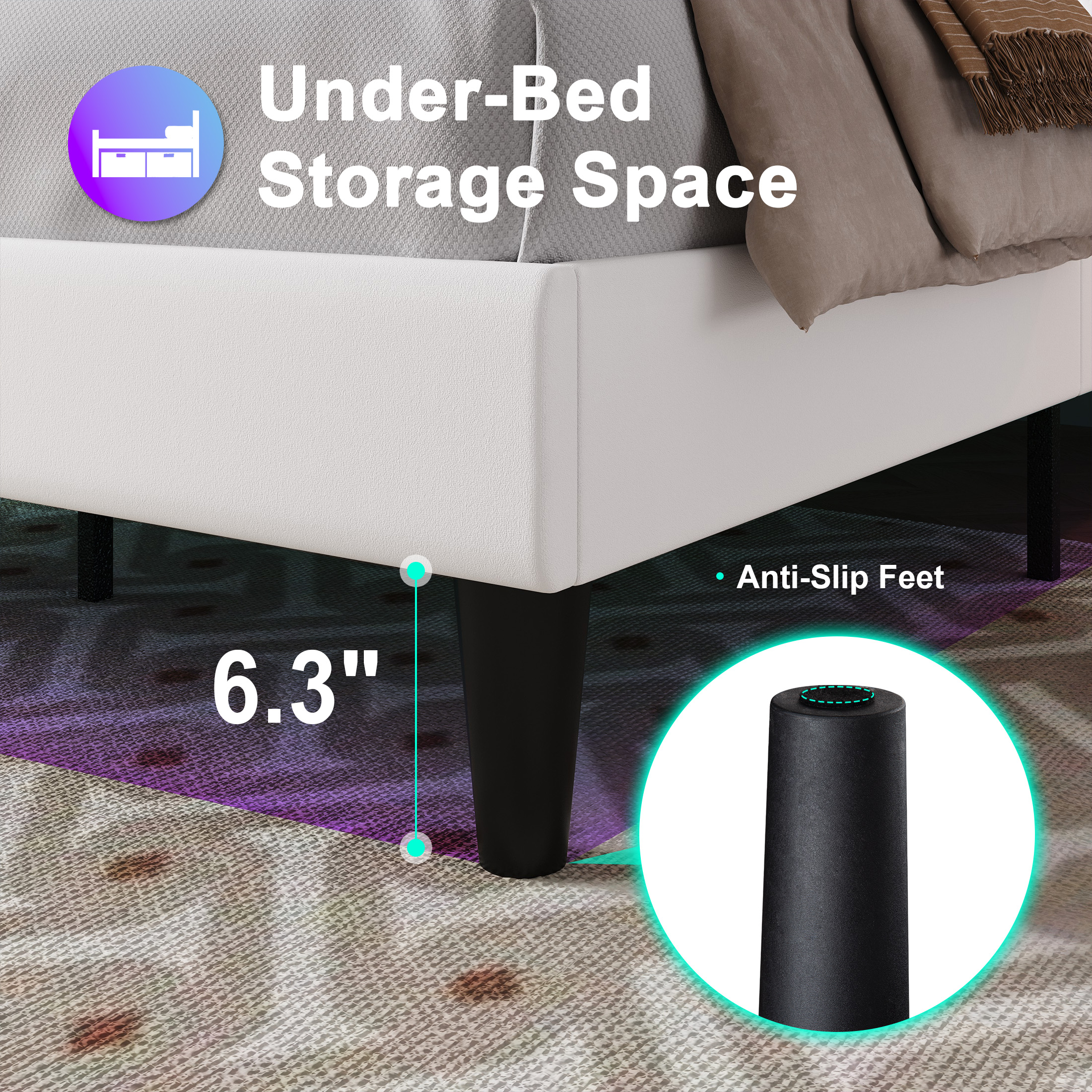 Amolife Full Size Bed Frame with Charging Station & LED Light, Velvet Upholstered Platform Bed with Geometric Wingback Headboard, White