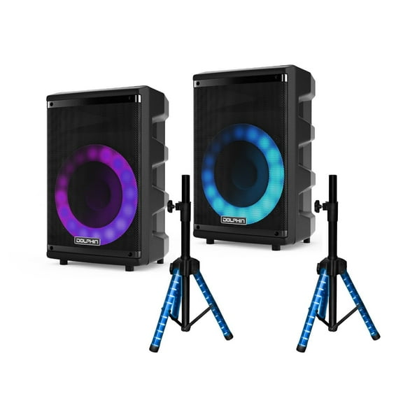 Dolphin 2x Dual 8" Party Speakers with 2x LED Speaker Stands Bundle – Bluetooth, Built-in Rechargeable Battery, Wired Microphones, and Adjustable LED Stands for Events, Karaoke, and Outdoor Use