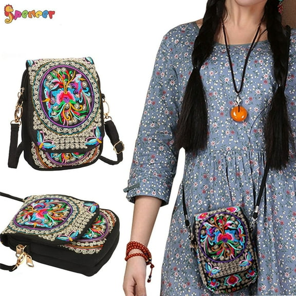 Spencer Handmade Women Retro Embroidered Cellphone Pouch Wallet Mini Crossbody Bag Small Handbag Coin Purse (7.1*5.1*2.0 inch)