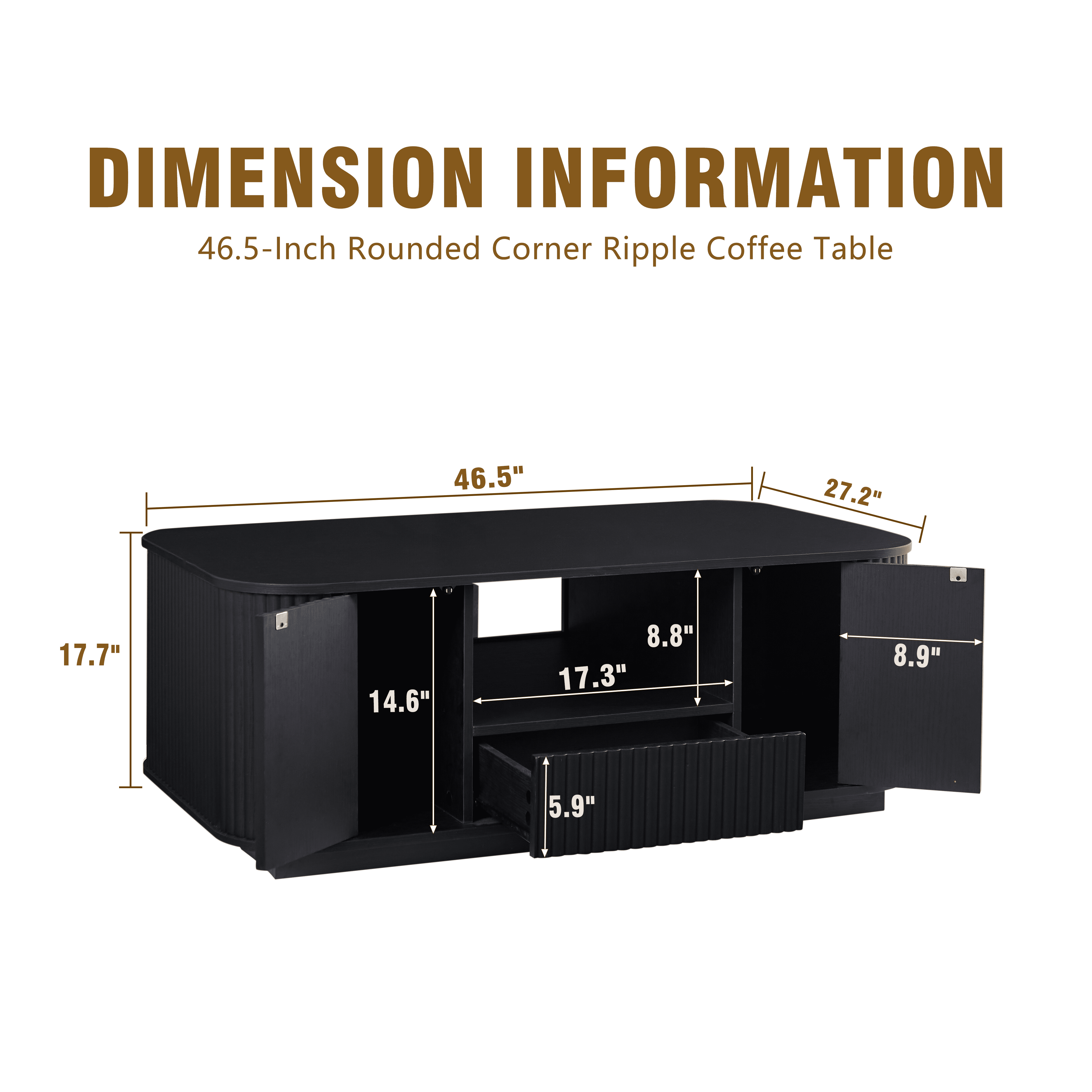 Homy Casa 46.5 in Modern Rounded Coffee Table with Drawer Cabinet Storage for Living Room Black