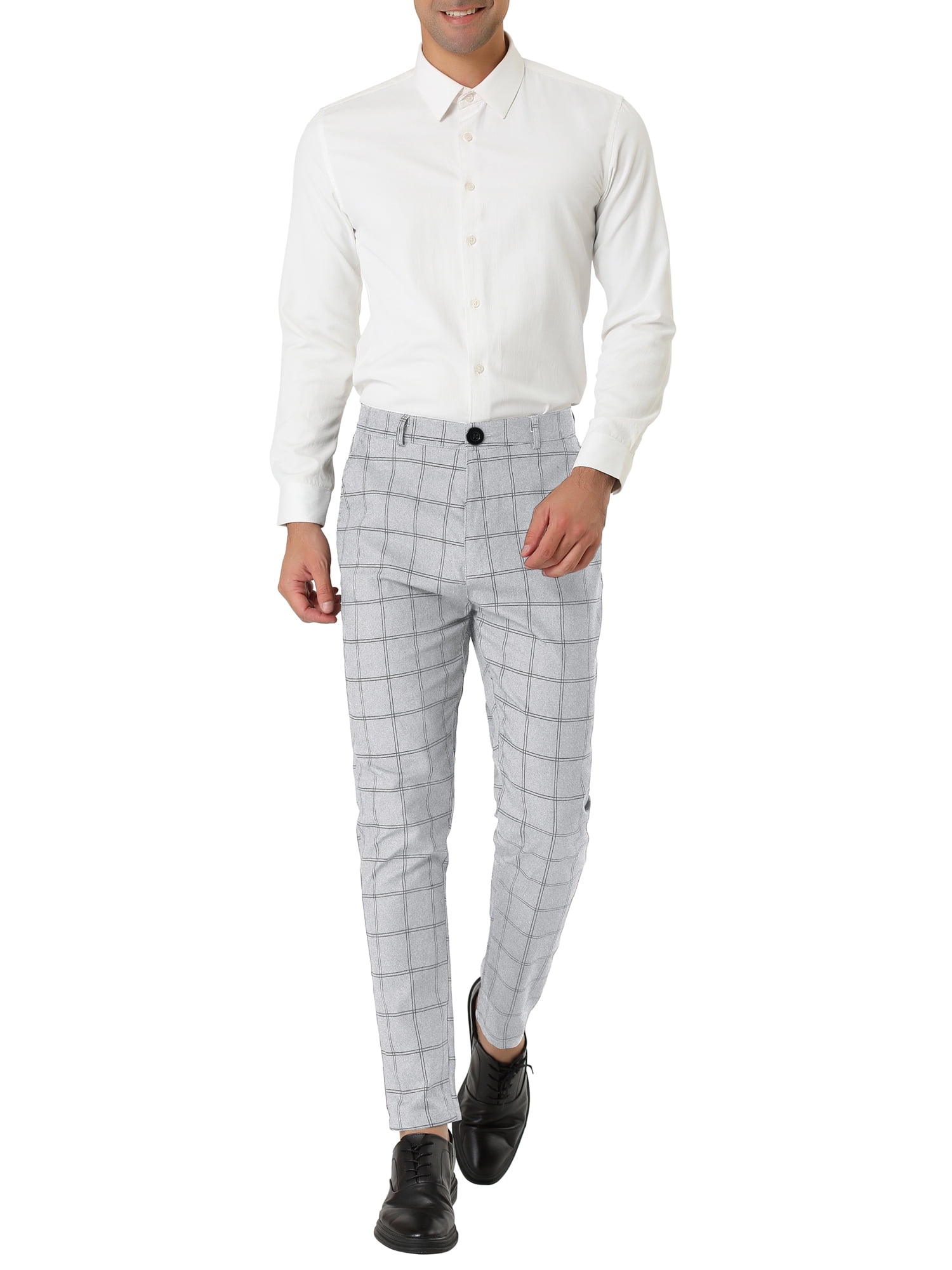 Unique Bargains Men's Slim Fit Plaid Business Pants Trousers with Pockets 30 Light Grey