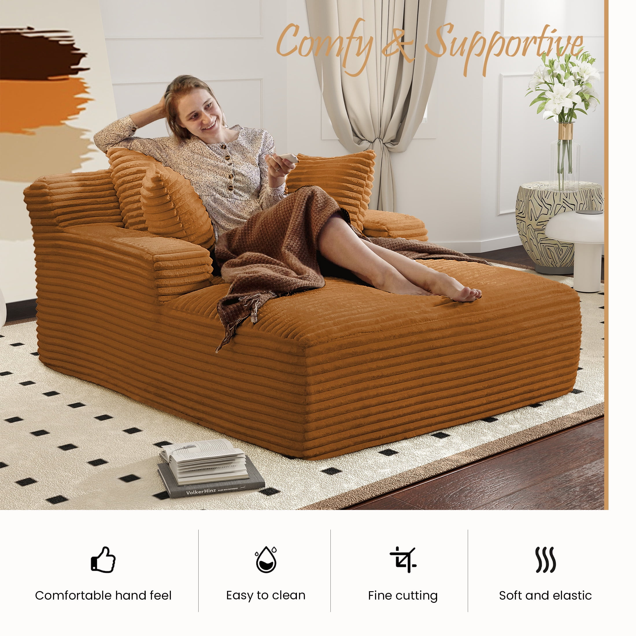 Aukfa 66" Oversized Chaise Lounge Chair, Corduroy Sleeper Sofa with 3 Pillow for Living Room,Orange