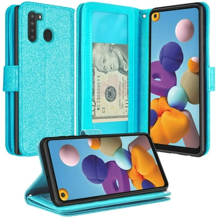 Galaxy A21 Case Leather Flip Pouch Holster Wallet Case Cover Folio [Kickstand] Cute Girls Women Phone Case For Galaxy A21 - Glitter Teal
