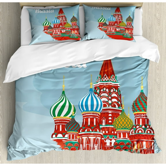 Russian Duvet Cover Set, Architecture Slavic Hallmarks Cartoon Style Illustration Print, Decorative 3 Piece Bedding Set with 2 Pillow Shams, Queen Size, Pale Sky Blue Multicolor, by Ambesonne