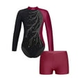 thumbnail image 3 of TSSOE Girls 2Pcs Shiny Rhinestone Tracksuit Long Sleeves Leotard with Boy Short Set Unitard Biketard Burgundy 8, 3 of 6