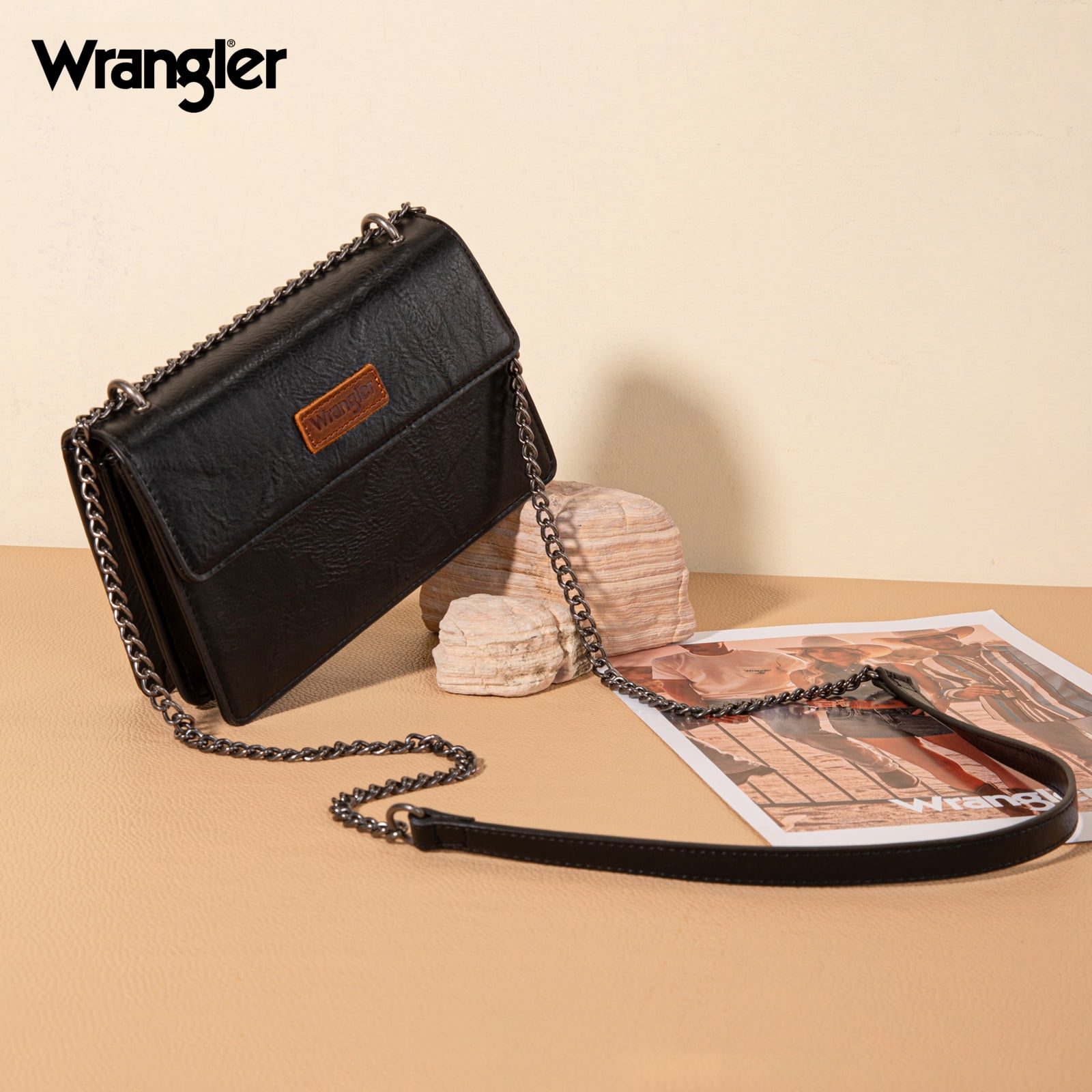 Wrangler Crossbody Purse for Women Shoulder Bag Vintage Wallets with Chain Strap, Black