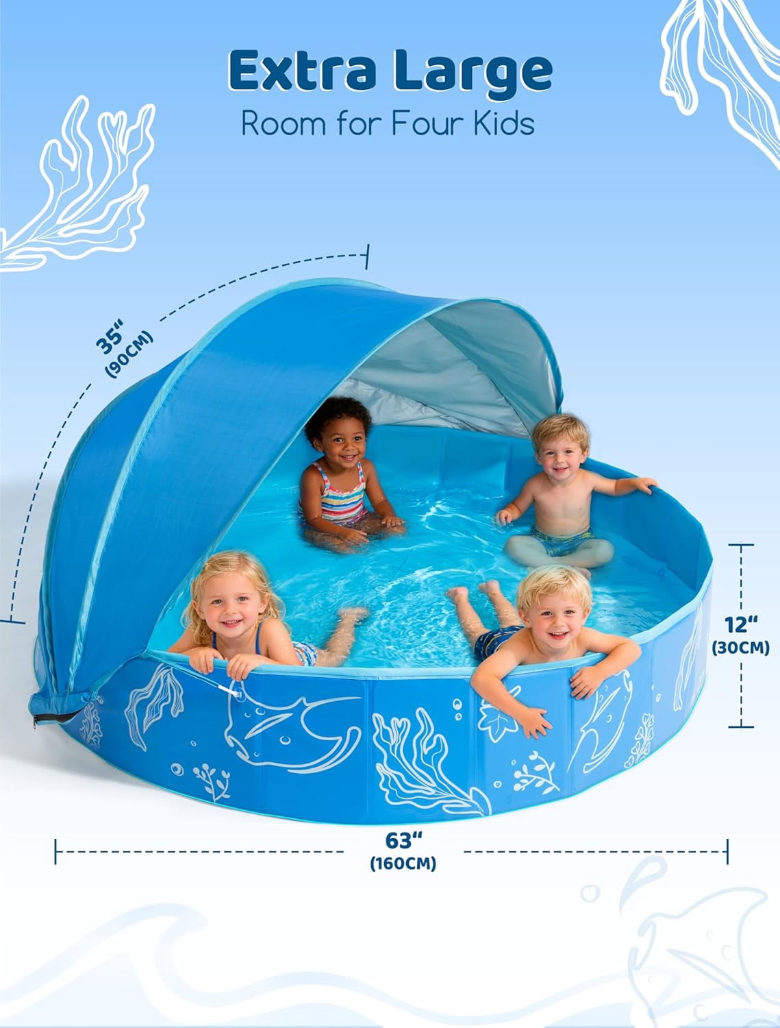 Foldable Kiddie Pool with Canopy: 31.5in/ 47in /63in for Baby Toddler Kids Family - Summer Water Play Pool with Shade - Portable for Outdoor Backyard Beach (Blue-Blue, 63in)