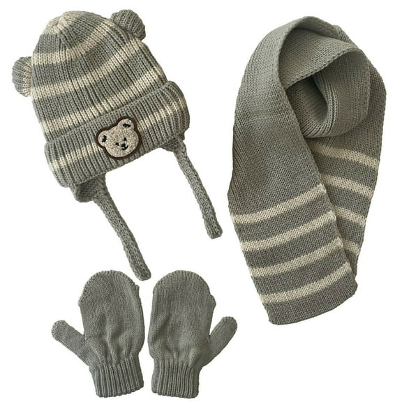 Infants Knitted Bear Detailed Winter Beanie 3 Piece Set-Beanie-Gloves-Scarf With Earflaps For Baby Boys (0-18 months)