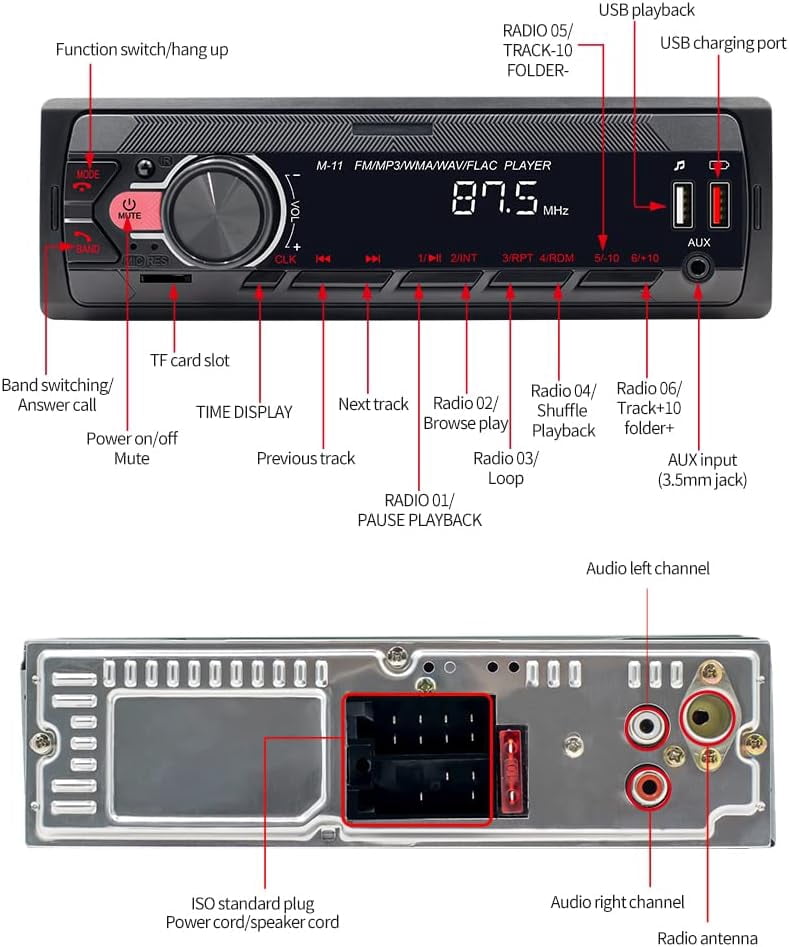 Rimoody Universal Single 1 DIN Car Stereo Radio Bluetooth In-Dash Head Unit Car Multimedia MP3 Player Digital Audio Music FM USB/TF/Aux