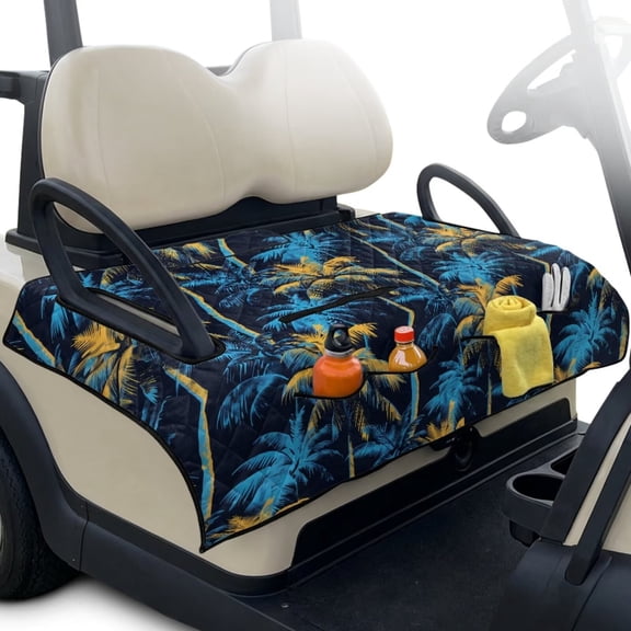 Psesaysky Golf Cart Seat Covers, Portable Golf Cart Seat Towel Blanket with 4 Front Pockets & Handle Tropical Fits for EZGO, Yamaha, Club Car Front Seats (Blue Palm Trees)