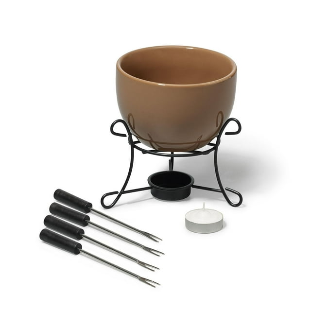 Starfrit Gourmet BISTRO 7-piece chocolate fondue set featuring a brown ceramic bowl on a black metal stand, four dipping forks, and an included tealight candle.