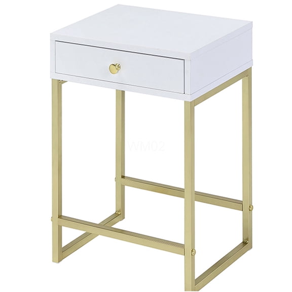 White and Gold Side Table with Drawer, Modern Nightstand for Living Room, Bedroom, or Office