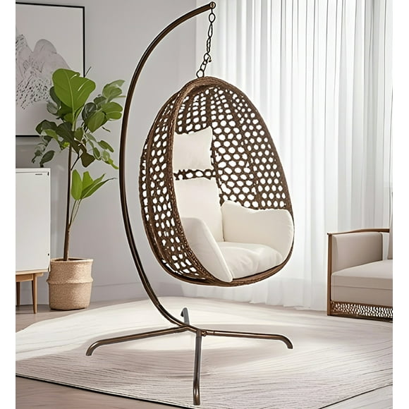 Patio Egg Chairs with Stand, Patio Hammock Hanging Wicker Swing Chair with Cushion and Pillow, Lounge Rattan Chair Hold up to 150KG