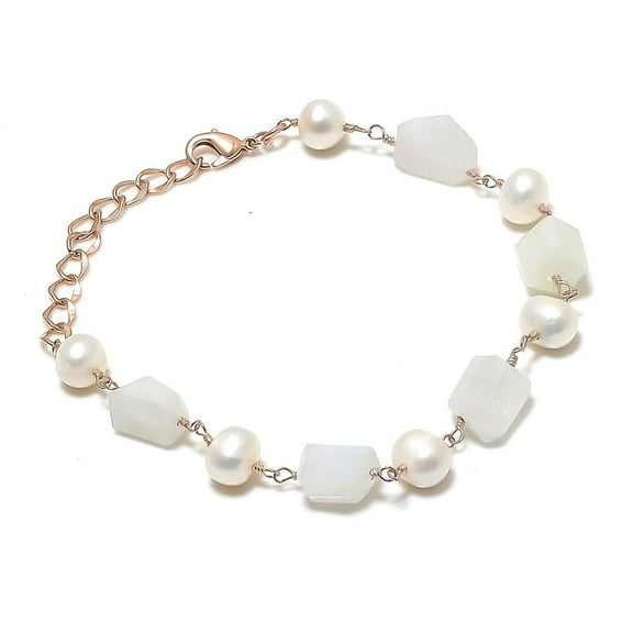 Rainbow Moonstone, Pearl Gemstone 925 Sterling Silver Bracelet 7-8"